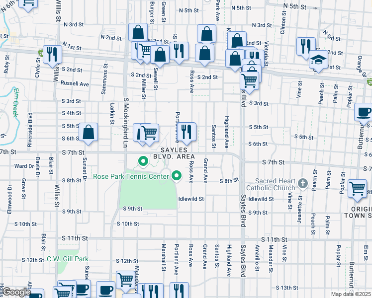 map of restaurants, bars, coffee shops, grocery stores, and more near 2501 South 7th Street in Abilene