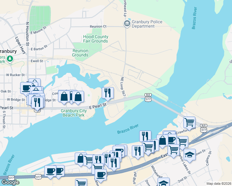 map of restaurants, bars, coffee shops, grocery stores, and more near 201 Brazos Harbor Drive in Granbury