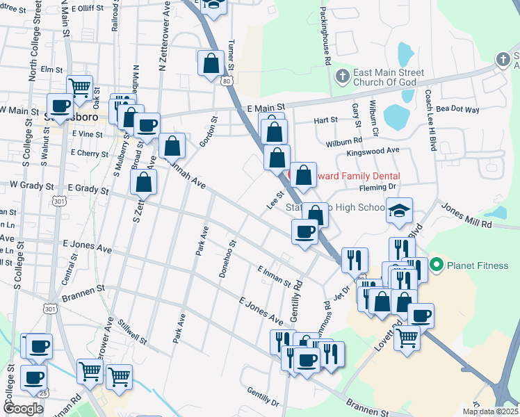 map of restaurants, bars, coffee shops, grocery stores, and more near 351 Savannah Avenue in Statesboro