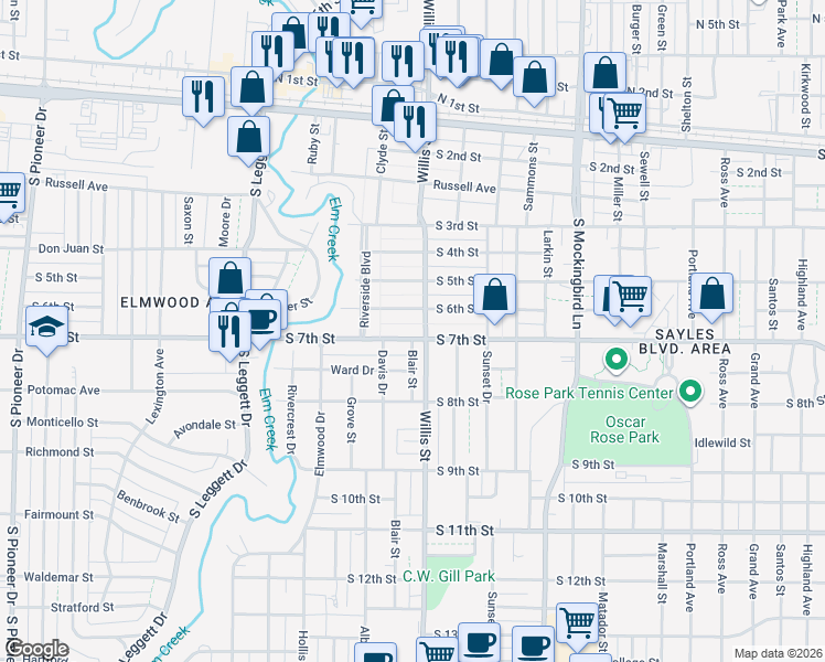 map of restaurants, bars, coffee shops, grocery stores, and more near 3318 South 7th Street in Abilene