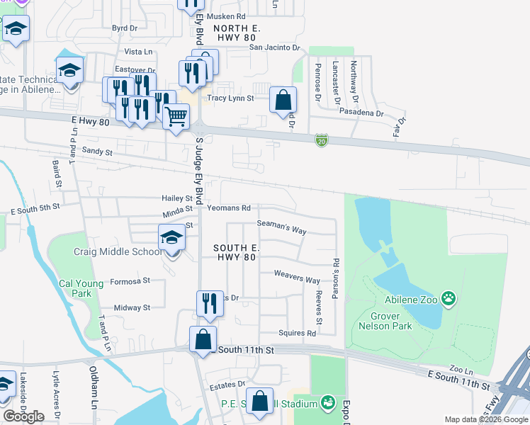 map of restaurants, bars, coffee shops, grocery stores, and more near 1309 Yeomans Road in Abilene
