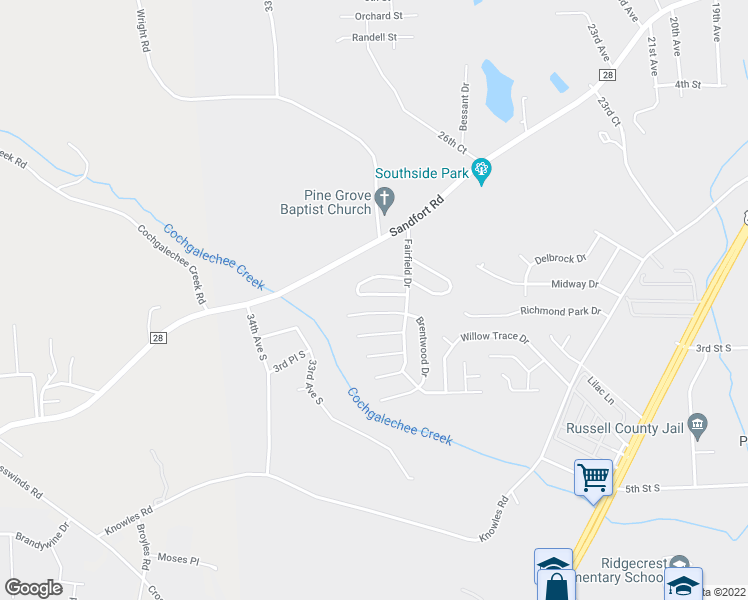 map of restaurants, bars, coffee shops, grocery stores, and more near 56 Ryan Loop in Phenix City