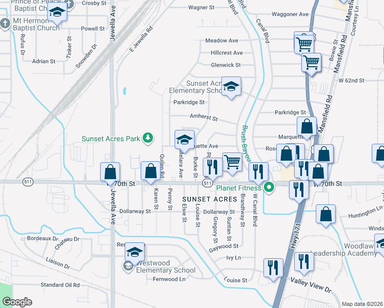 map of restaurants, bars, coffee shops, grocery stores, and more near 6801 Burke Street in Shreveport