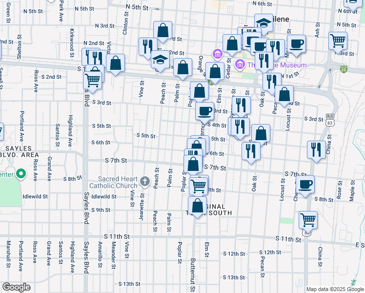 map of restaurants, bars, coffee shops, grocery stores, and more near 542 Poplar Street in Abilene