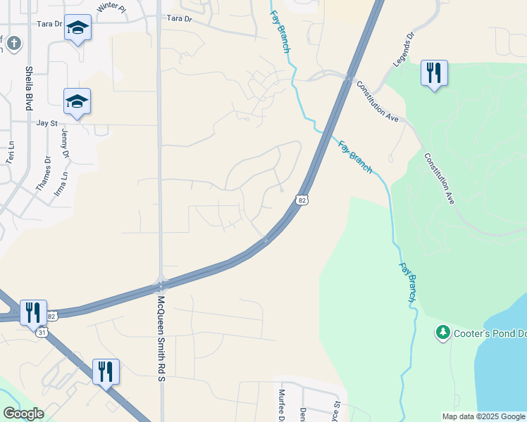 map of restaurants, bars, coffee shops, grocery stores, and more near Old Quarters Road in Prattville