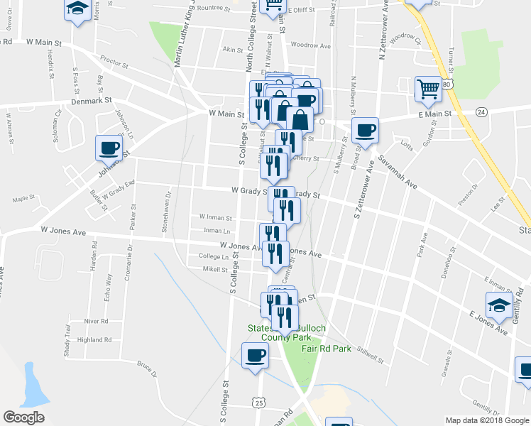 map of restaurants, bars, coffee shops, grocery stores, and more near 225 South Main Street in Statesboro