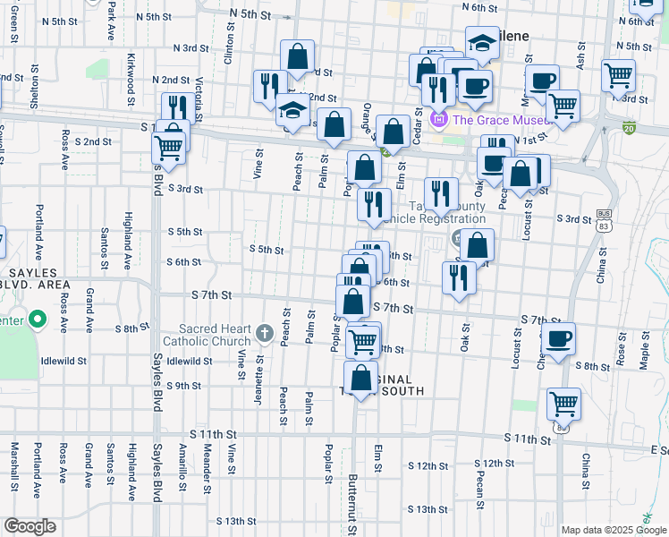 map of restaurants, bars, coffee shops, grocery stores, and more near 542 Poplar Street in Abilene
