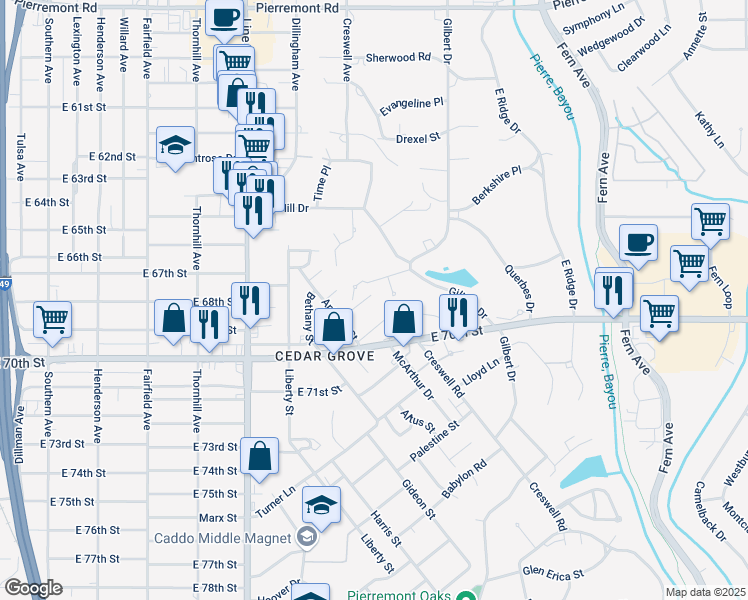 map of restaurants, bars, coffee shops, grocery stores, and more near 918 Bates Street in Shreveport