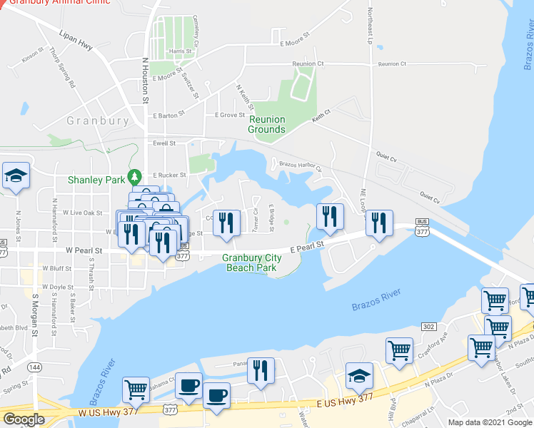 map of restaurants, bars, coffee shops, grocery stores, and more near 621 East Bridge Street in Granbury