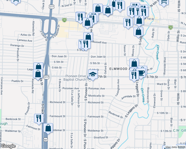 map of restaurants, bars, coffee shops, grocery stores, and more near 717 Buccaneer Drive in Abilene
