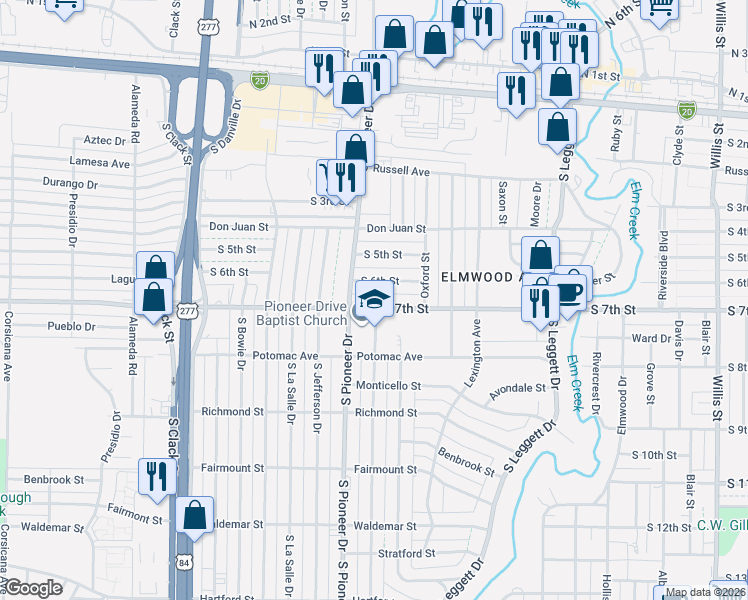 map of restaurants, bars, coffee shops, grocery stores, and more near 717 Buccaneer Drive in Abilene
