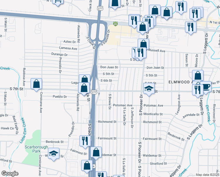 map of restaurants, bars, coffee shops, grocery stores, and more near 628 South Bowie Drive in Abilene