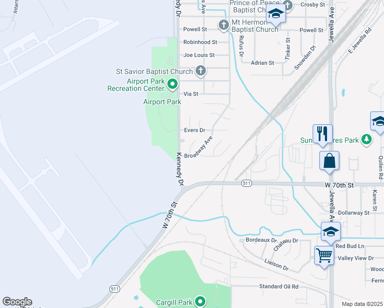 map of restaurants, bars, coffee shops, grocery stores, and more near 6956 Broadway Avenue in Shreveport