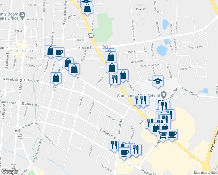 map of restaurants, bars, coffee shops, grocery stores, and more near 209 Lee Street in Statesboro