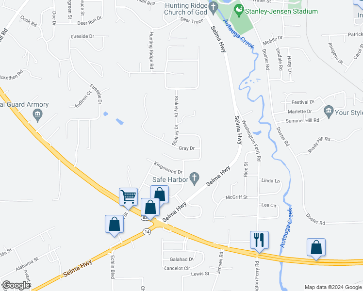 map of restaurants, bars, coffee shops, grocery stores, and more near 112 Gray Drive in Prattville