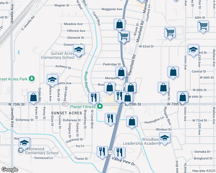 map of restaurants, bars, coffee shops, grocery stores, and more near 2747 Rosemont Street in Shreveport