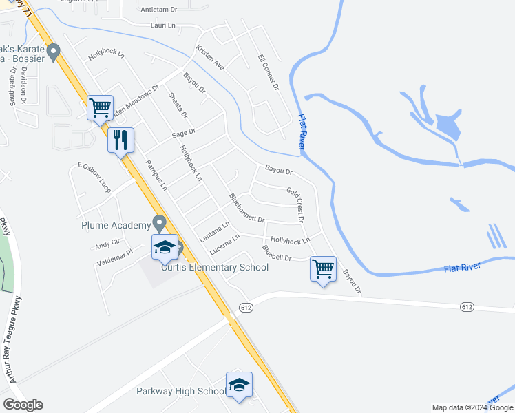 map of restaurants, bars, coffee shops, grocery stores, and more near 5524 Meadowsweet Circle in Bossier City