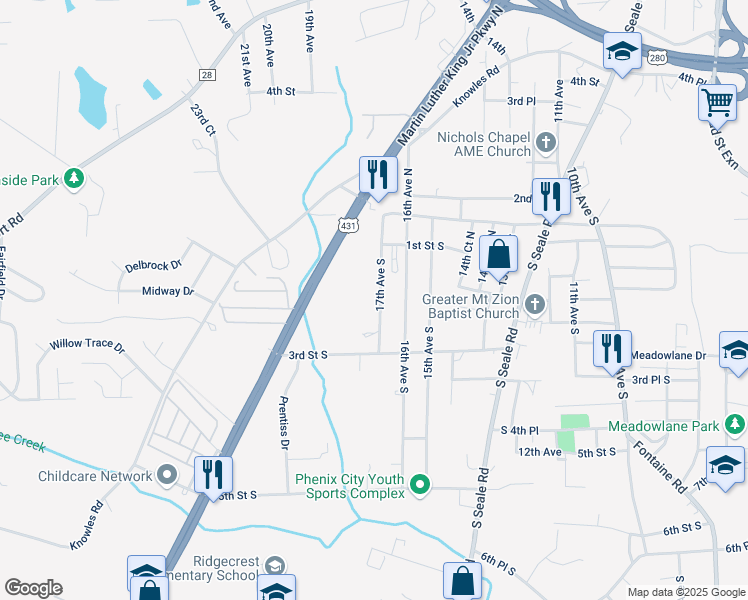 map of restaurants, bars, coffee shops, grocery stores, and more near 200-204 17th Avenue South in Phenix City