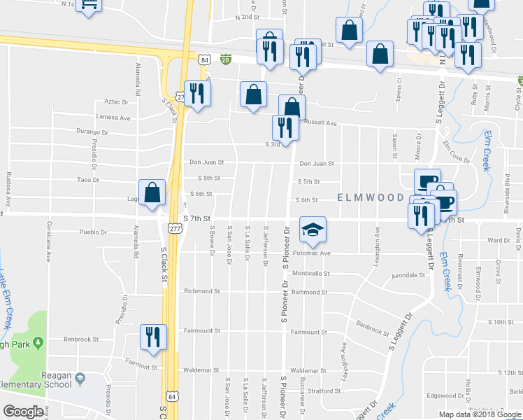 map of restaurants, bars, coffee shops, grocery stores, and more near 626 South Jefferson Drive in Abilene