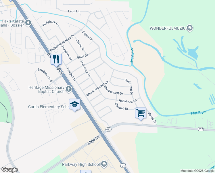 map of restaurants, bars, coffee shops, grocery stores, and more near 5511 Meadowsweet Circle in Bossier City