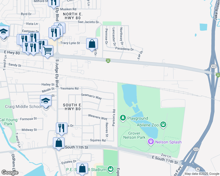map of restaurants, bars, coffee shops, grocery stores, and more near 1450 Yeomans Road in Abilene