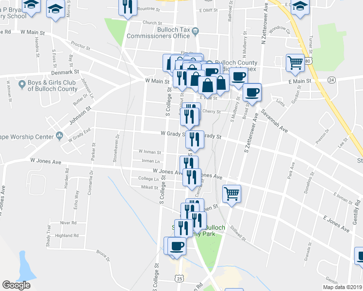 map of restaurants, bars, coffee shops, grocery stores, and more near 212 South Walnut Street in Statesboro