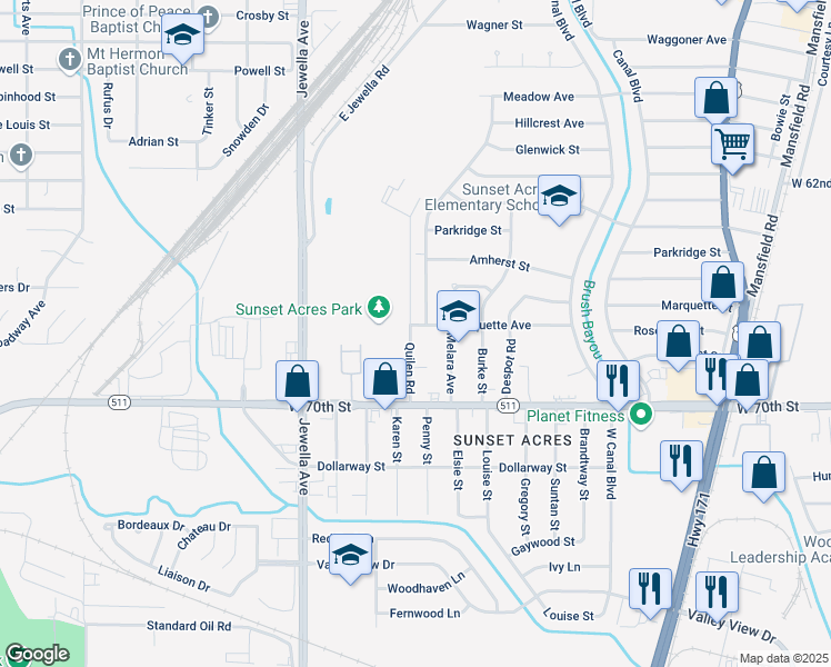 map of restaurants, bars, coffee shops, grocery stores, and more near 6660 Quilen Road in Shreveport