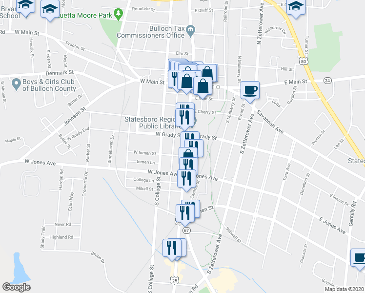 map of restaurants, bars, coffee shops, grocery stores, and more near 211 South Main Street in Statesboro