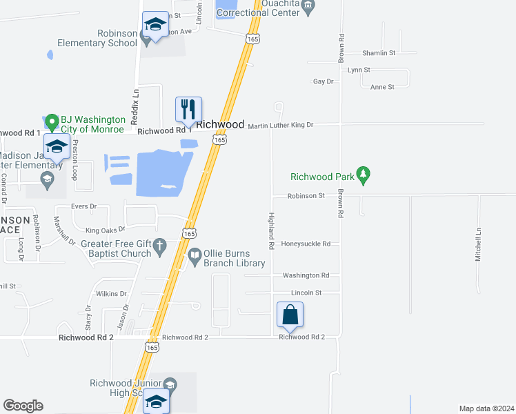 map of restaurants, bars, coffee shops, grocery stores, and more near 5131 Highland Road in Monroe