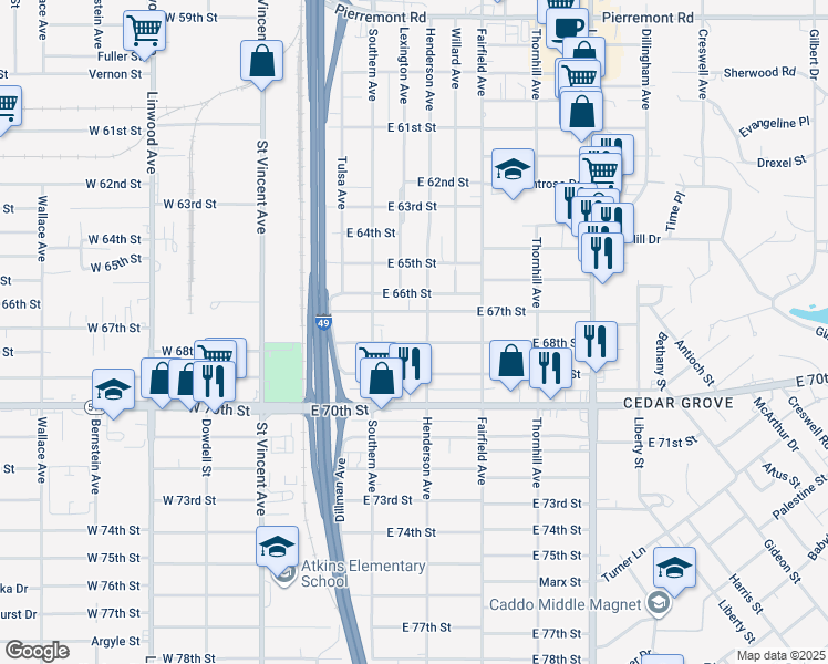 map of restaurants, bars, coffee shops, grocery stores, and more near 200-298 E 67th St in Shreveport