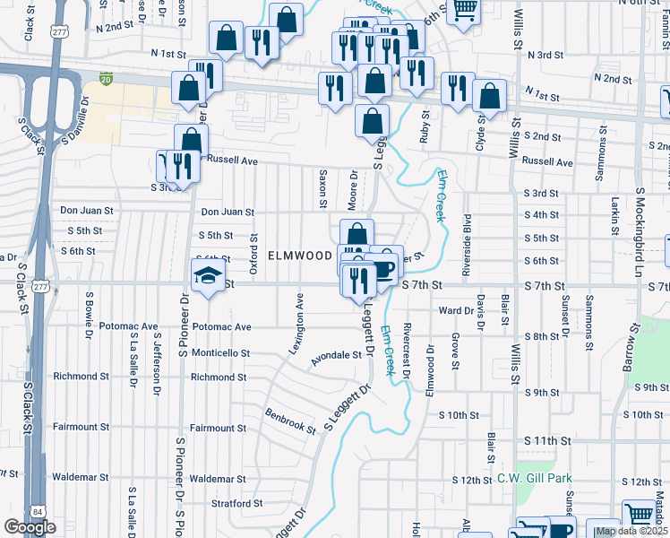 map of restaurants, bars, coffee shops, grocery stores, and more near 4070 Redbud Circle in Abilene