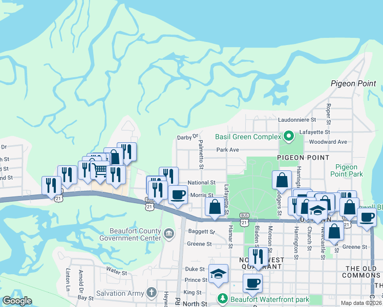 map of restaurants, bars, coffee shops, grocery stores, and more near 1905 Park Avenue in Beaufort
