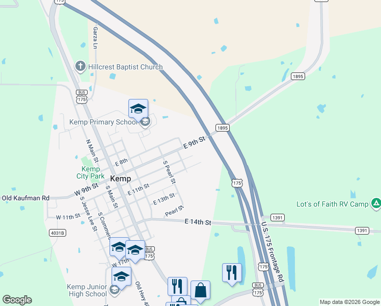 map of restaurants, bars, coffee shops, grocery stores, and more near 908 East 9th Street in Kemp