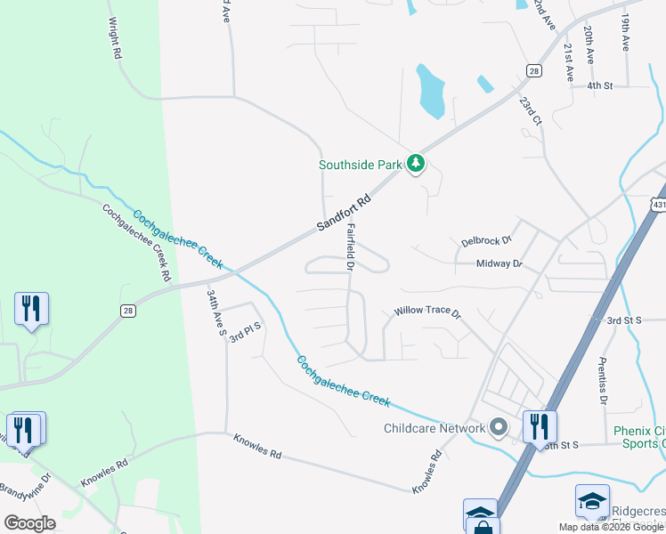 map of restaurants, bars, coffee shops, grocery stores, and more near 63 Ryan Loop in Phenix City