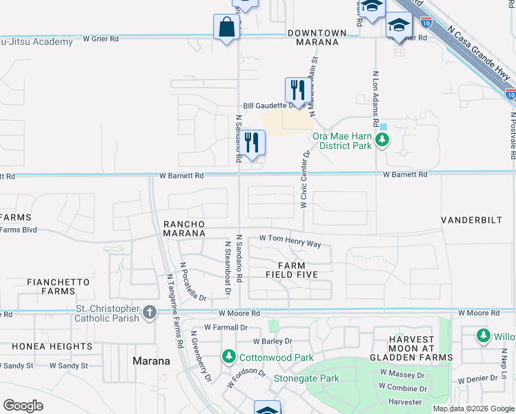 map of restaurants, bars, coffee shops, grocery stores, and more near 11761 West Claudina Street in Marana