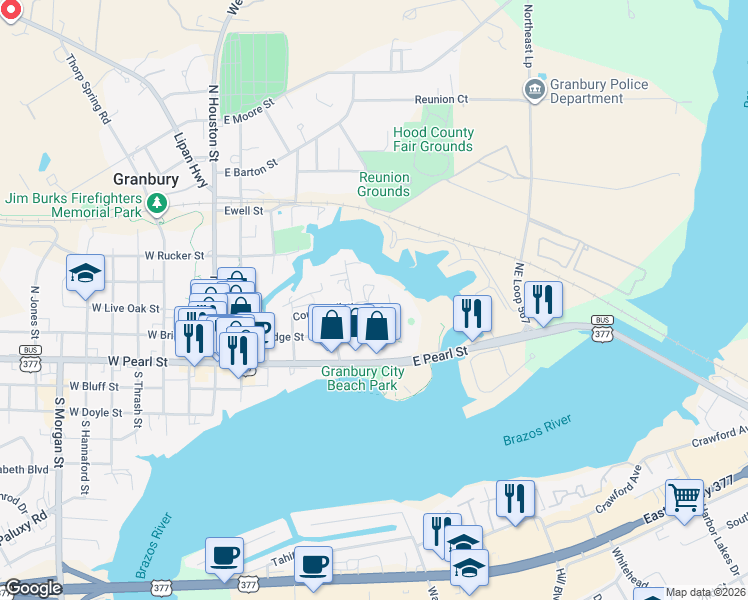 map of restaurants, bars, coffee shops, grocery stores, and more near 312 Turner Circle in Granbury