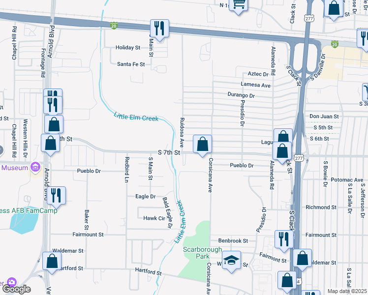 map of restaurants, bars, coffee shops, grocery stores, and more near 5482 Laguna Drive in Abilene