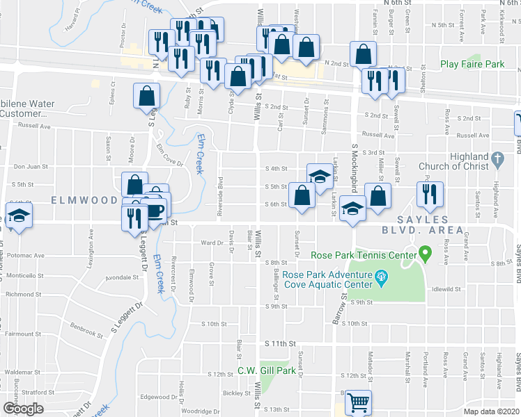map of restaurants, bars, coffee shops, grocery stores, and more near 3249 South 6th Street in Abilene