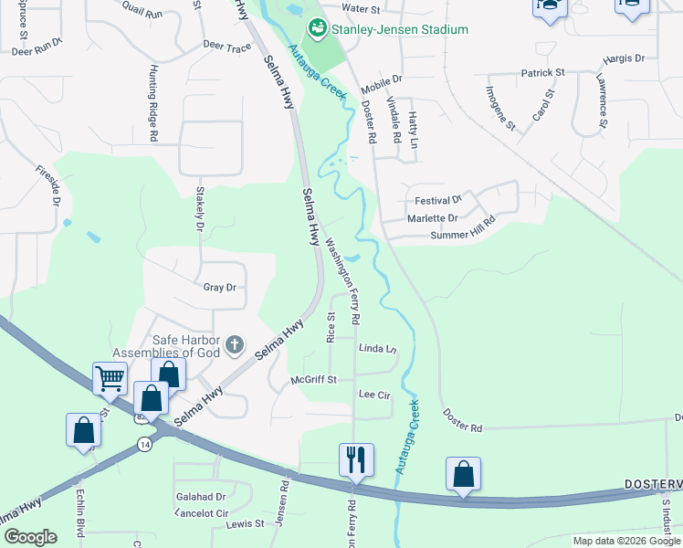 map of restaurants, bars, coffee shops, grocery stores, and more near 646 Washington Ferry Road in Prattville
