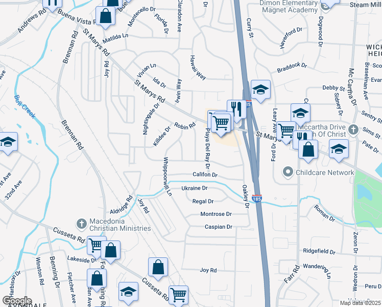 map of restaurants, bars, coffee shops, grocery stores, and more near 169 Bob-O-Link Drive in Columbus
