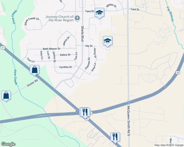 map of restaurants, bars, coffee shops, grocery stores, and more near 104 Irma Lane in Prattville