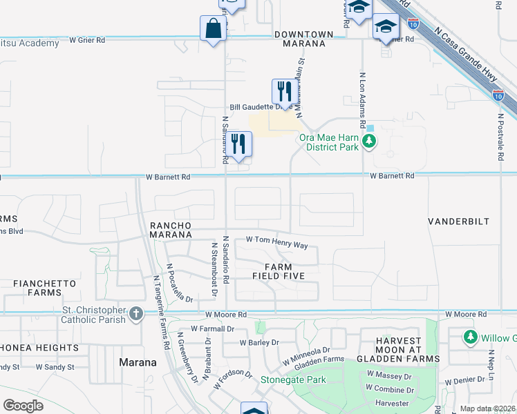 map of restaurants, bars, coffee shops, grocery stores, and more near 11755-11799 West Barnett Road in Marana