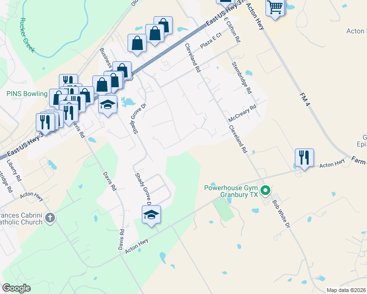 map of restaurants, bars, coffee shops, grocery stores, and more near 3201 W Weems Ct in Granbury