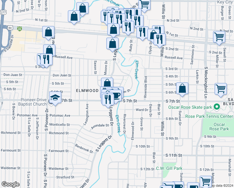 map of restaurants, bars, coffee shops, grocery stores, and more near 3929 Whittier Street in Abilene