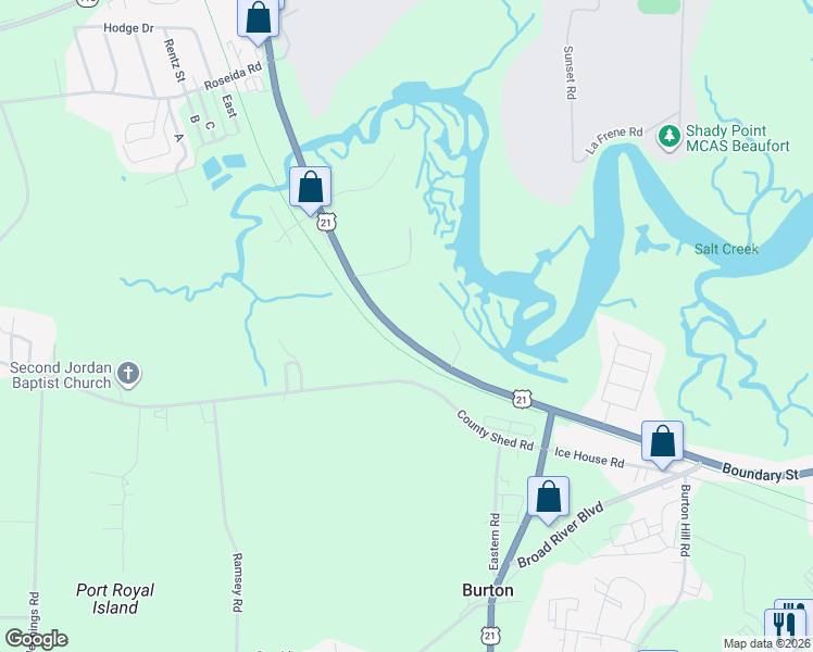 map of restaurants, bars, coffee shops, grocery stores, and more near 3599 Trask Parkway in Beaufort