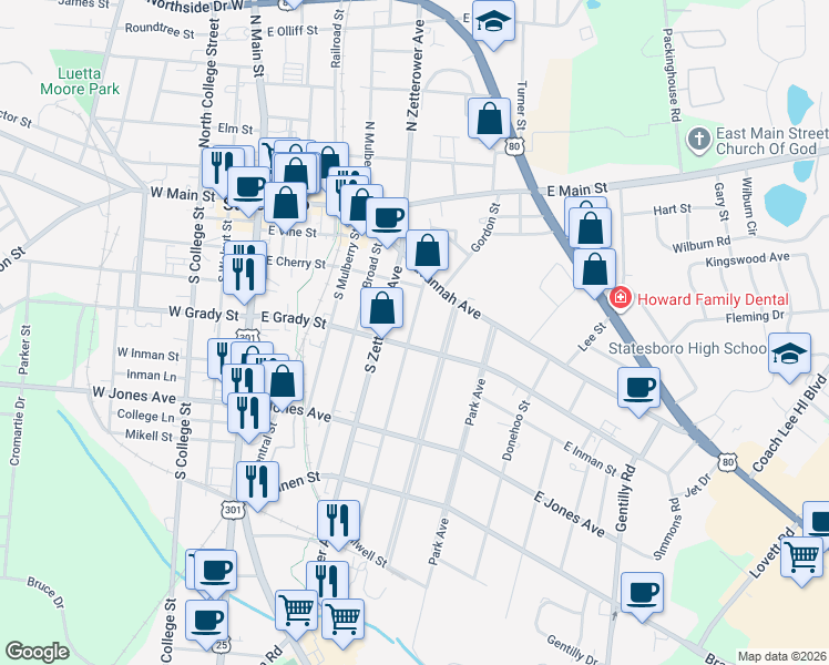 map of restaurants, bars, coffee shops, grocery stores, and more near 104 Donaldson Street in Statesboro