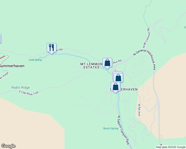 map of restaurants, bars, coffee shops, grocery stores, and more near 11145 East Cap Rock Trail in Mount Lemmon
