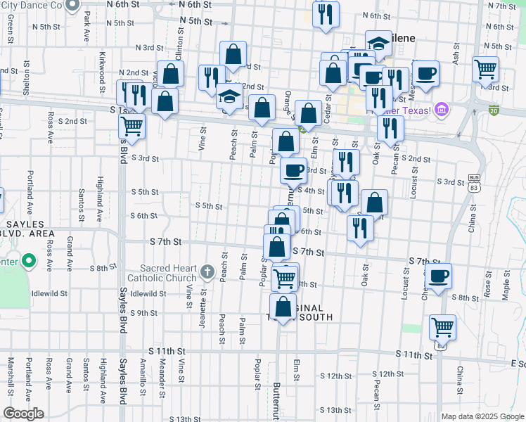 map of restaurants, bars, coffee shops, grocery stores, and more near 502 Poplar Street in Abilene