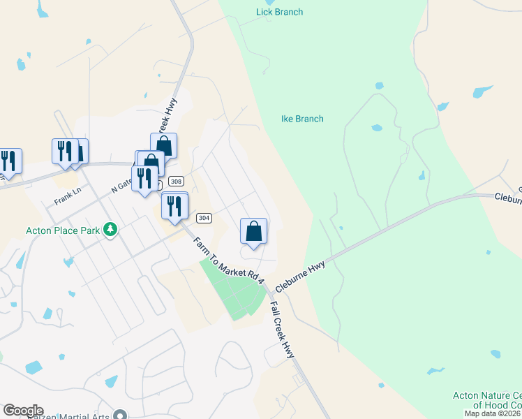 map of restaurants, bars, coffee shops, grocery stores, and more near 3206 Walnut Creek Parkway in Granbury