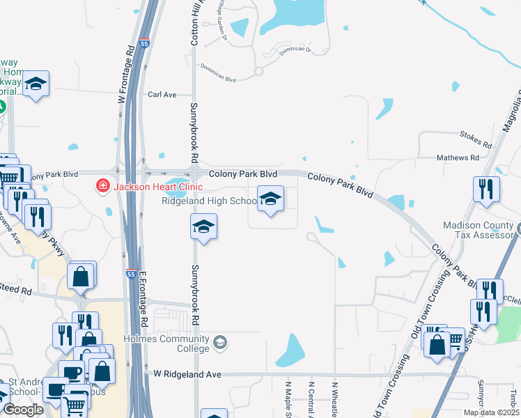 map of restaurants, bars, coffee shops, grocery stores, and more near 586 Sunnybrook Road in Ridgeland